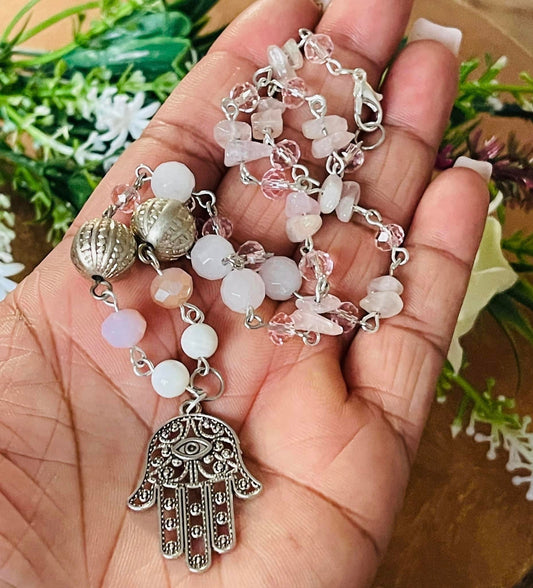 Hamsa Hand Pendant Rose Quartz Necklace Wicca Pagan Spiritual Manifesting