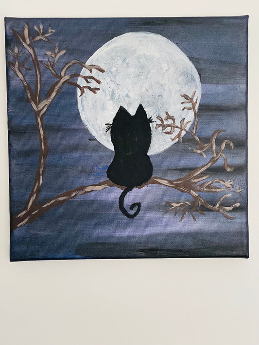 Cat On A Tree Looking At The Night Moon - 8 x 8 Inch Canvas Acrylic Painting Unique One of a Kind Gift