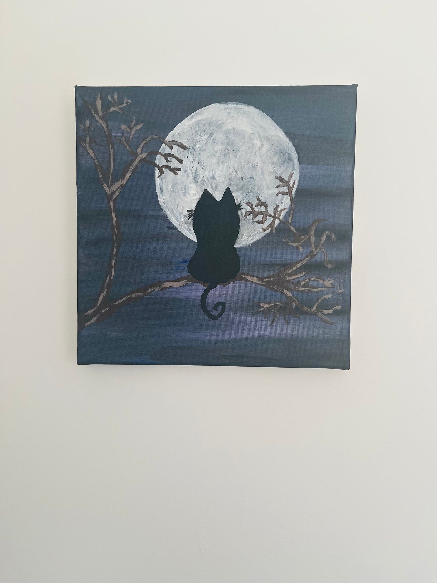 Cat On A Tree Looking At The Night Moon - 8 x 8 Inch Canvas Acrylic Painting Unique One of a Kind Gift