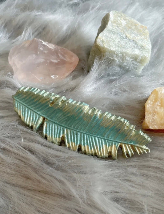 Boho Witchy Shaman Native American Clay Feather Hair Clip Accessory - Pastel Green & Gold