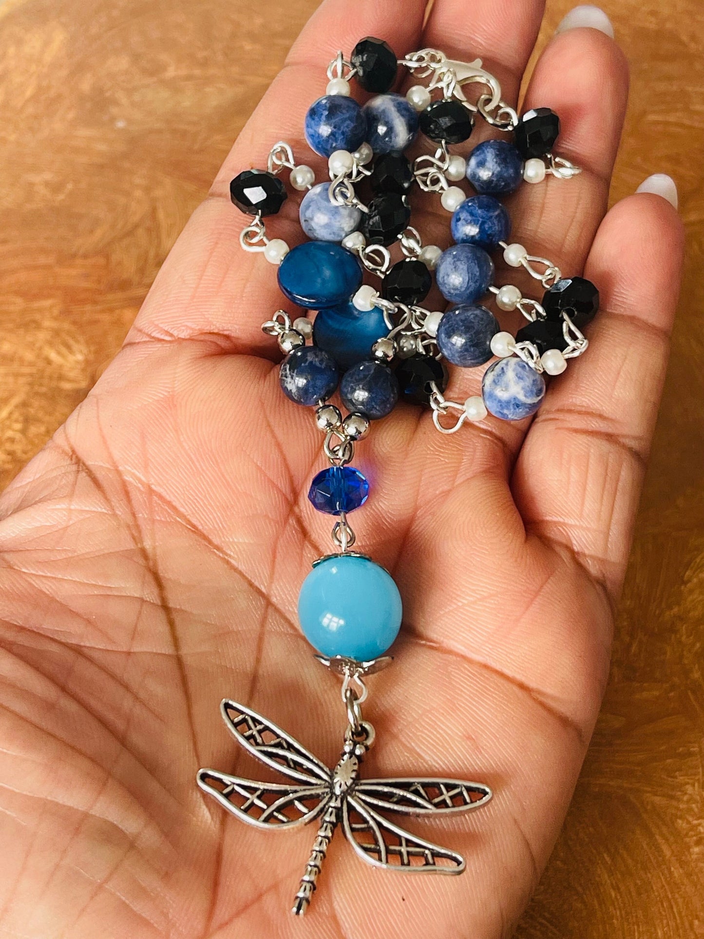 Chakra Healing Communication Dragonfly Pendant Necklace - Blue Sodalite Stones