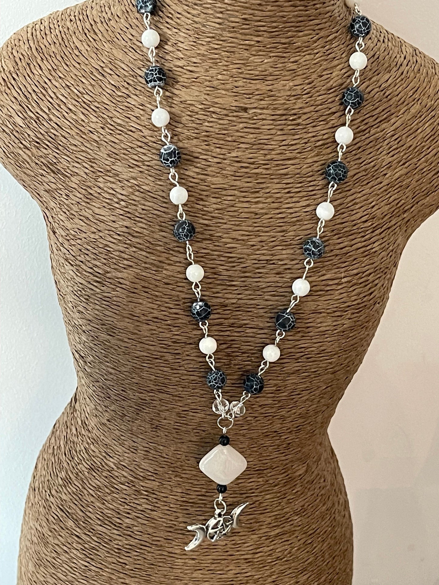 Triple Moon Goddess Black and White Agate Stone Necklace - Wicca Pagan Protection Jewellery