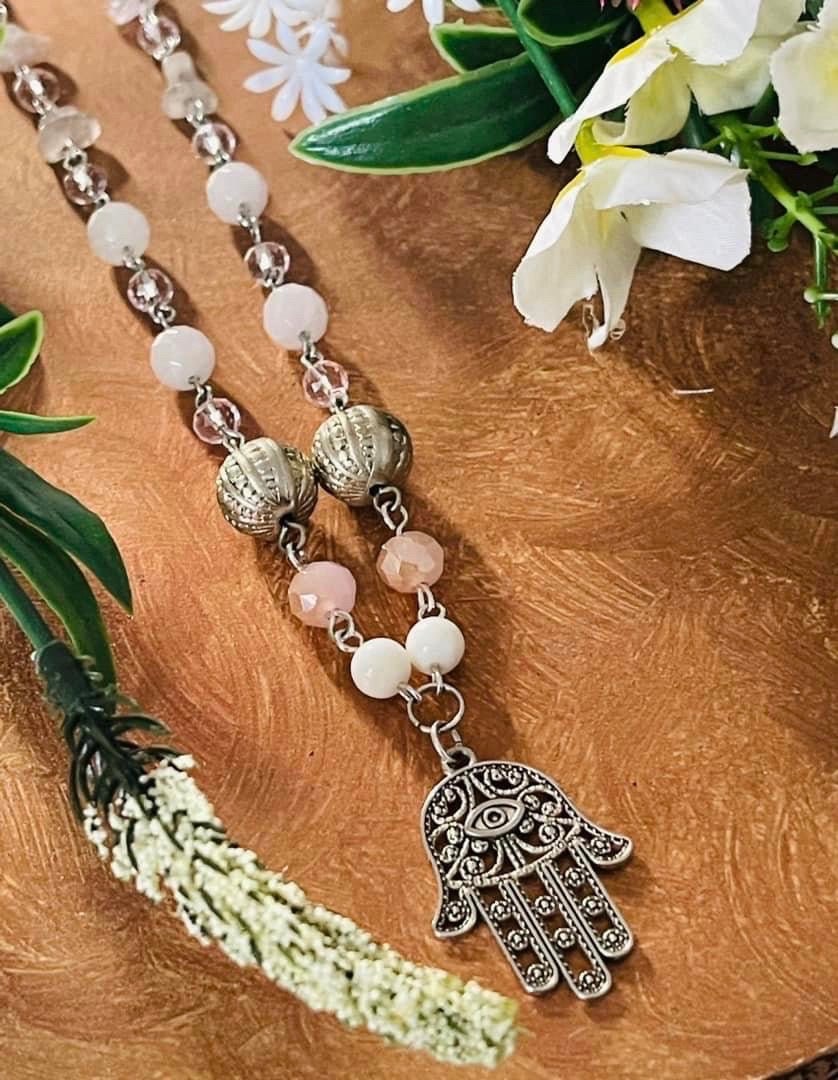 Hamsa Hand Pendant Rose Quartz Necklace Wicca Pagan Spiritual Manifesting