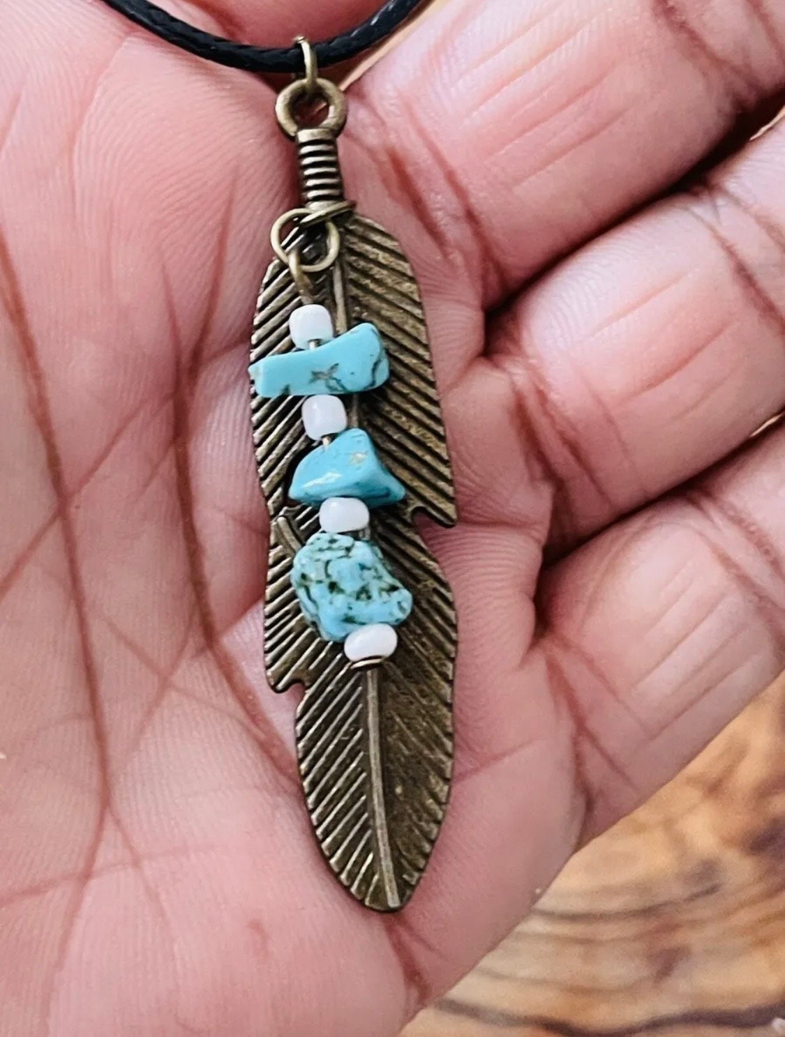 Native American Turquoise Crystal & Feather Pendant Necklace - Spiritual Shaman