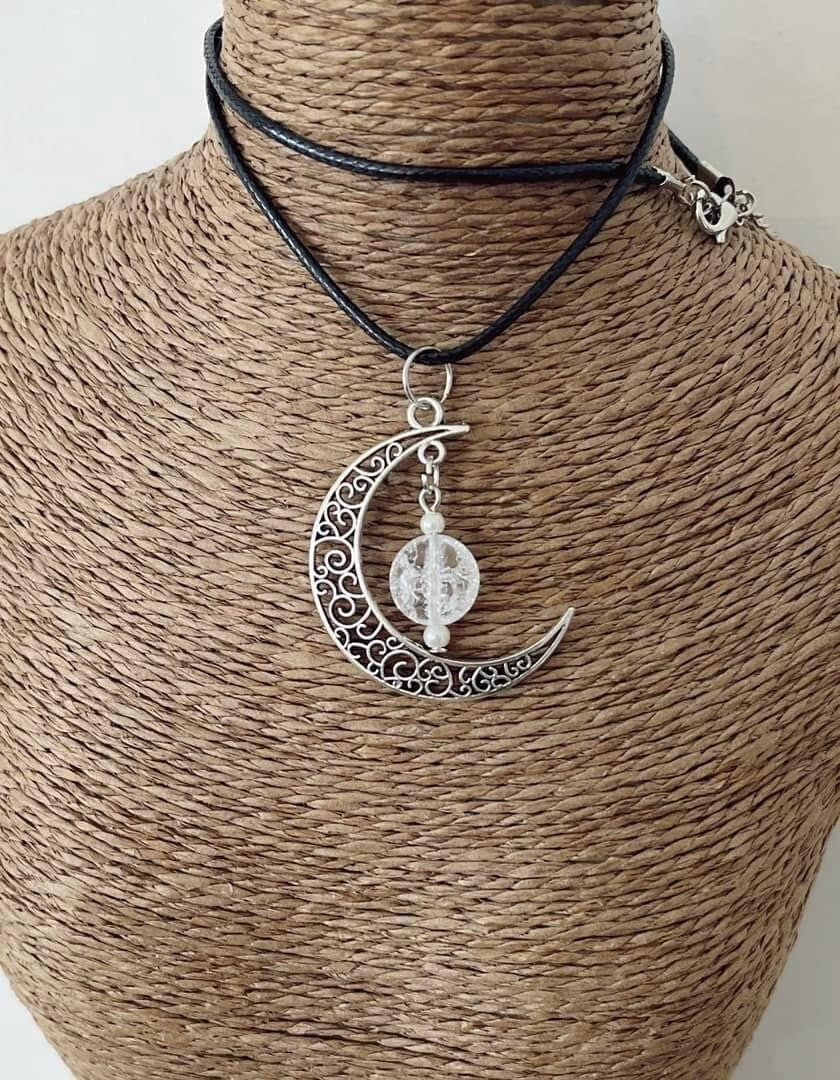 Stunning Crescent Moon Clear Quartz Necklace - Pagan Witch Wicca Style Jewellery