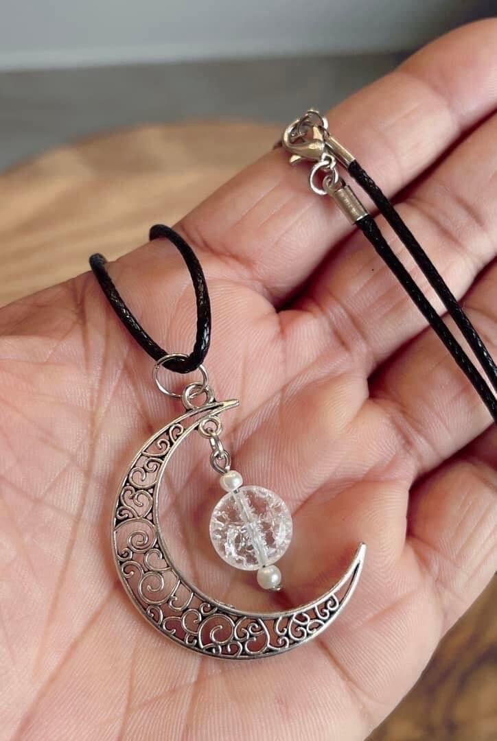 Stunning Crescent Moon Clear Quartz Necklace - Pagan Witch Wicca Style Jewellery