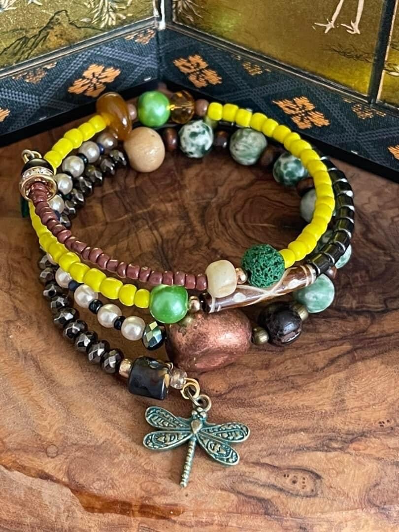 Dragonfly Prosperity Success Wicca Pagan Bracelet Green Spot Jasper Hematite