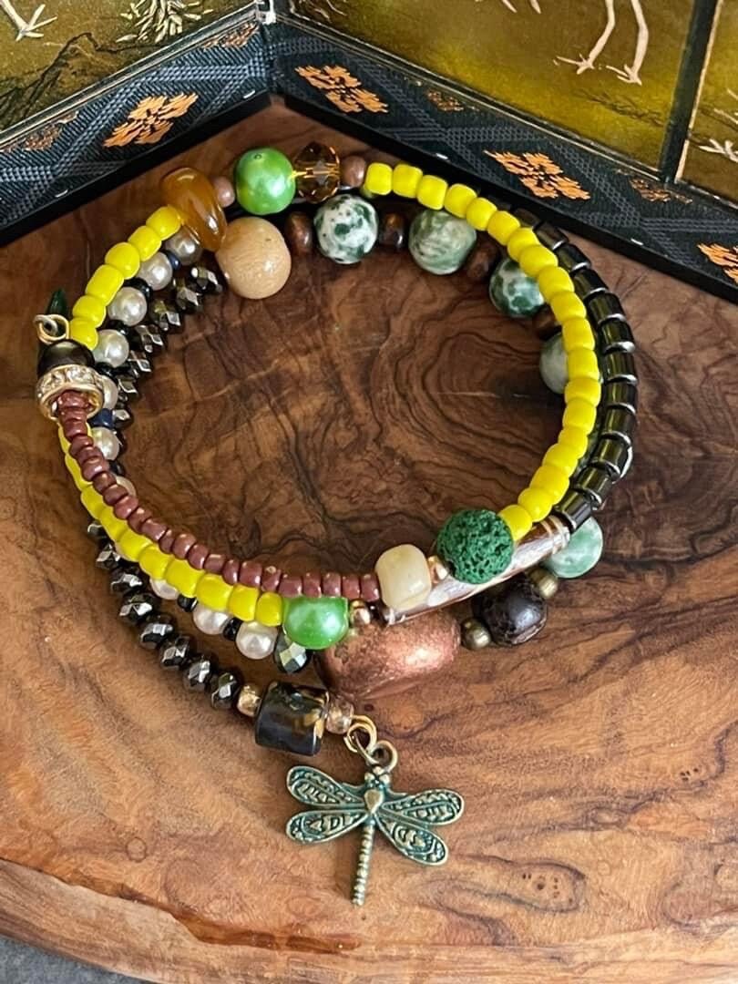 Dragonfly Prosperity Success Wicca Pagan Bracelet Green Spot Jasper Hematite