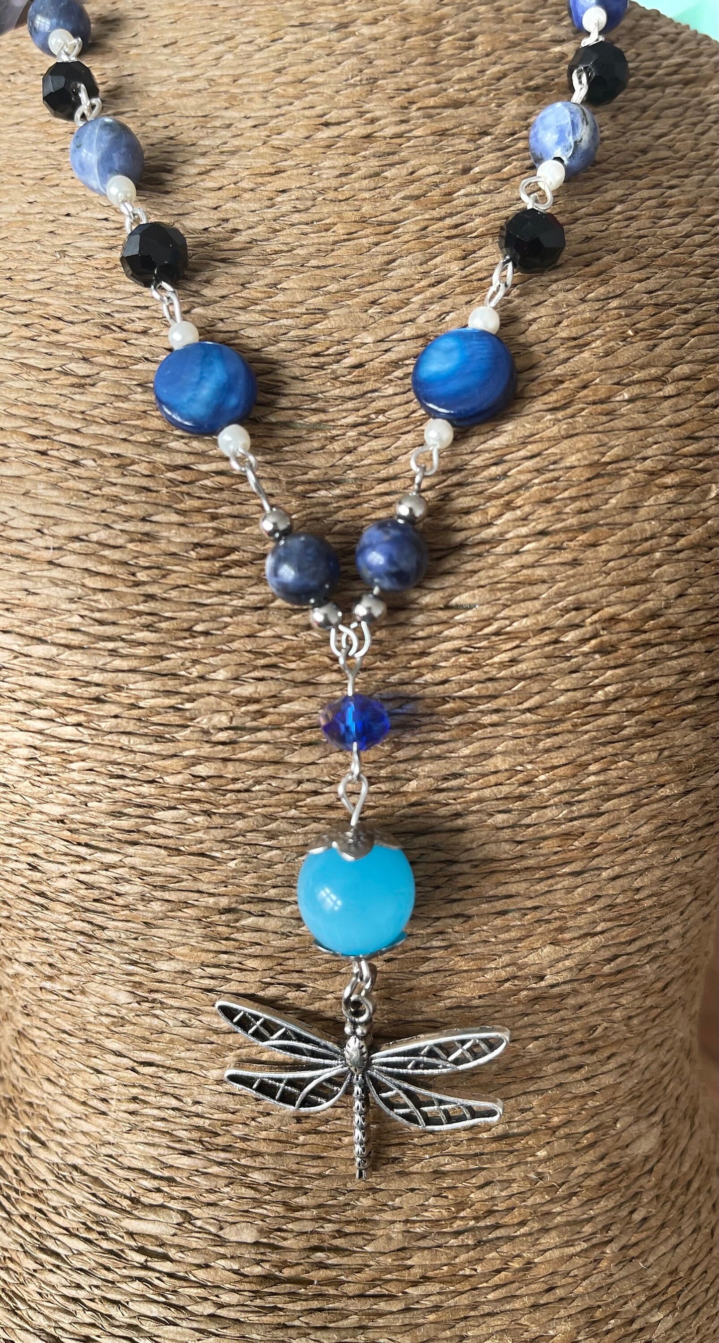 Chakra Healing Communication Dragonfly Pendant Necklace - Blue Sodalite Stones