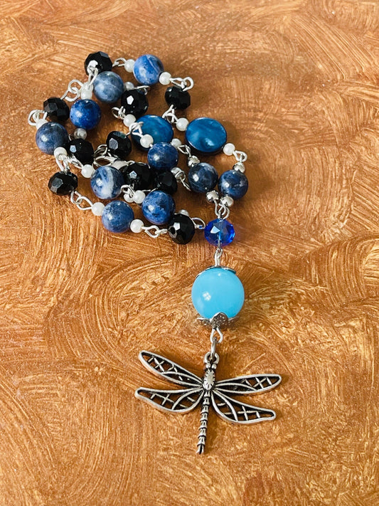 Chakra Healing Communication Dragonfly Pendant Necklace - Blue Sodalite Stones