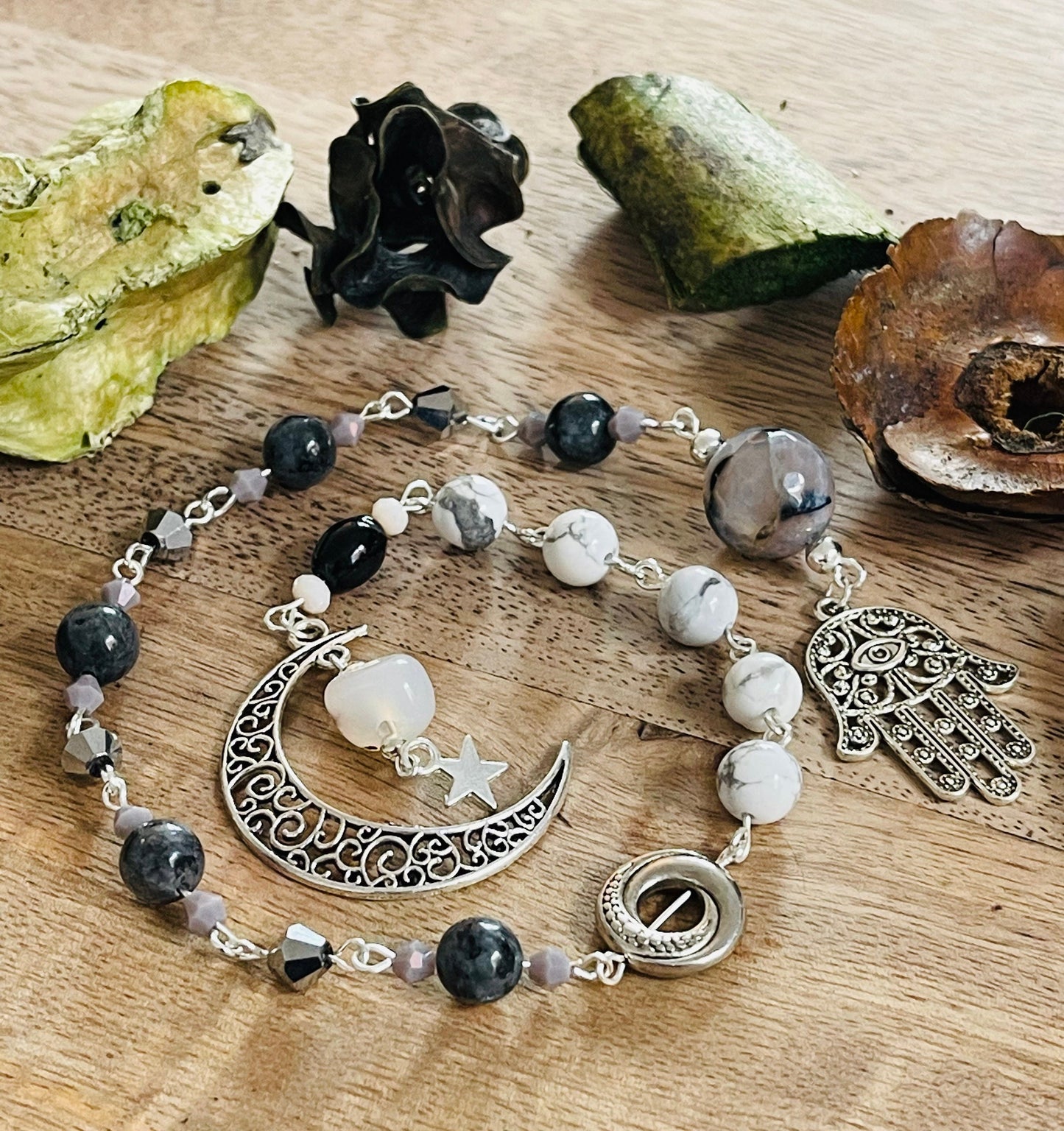 Crone Dark Moon Hecate Hamsa Hand Manifesting Rosary - Black Moonstone and Howlite