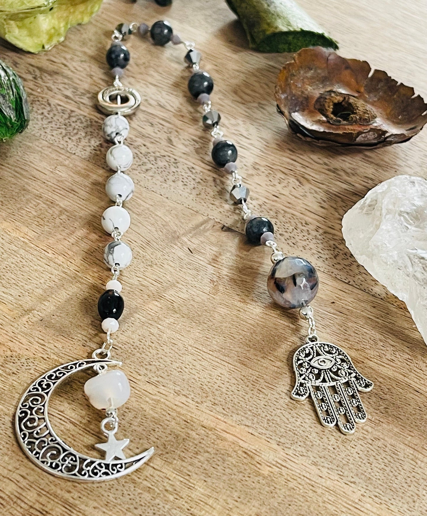 Crone Dark Moon Hecate Hamsa Hand Manifesting Rosary - Black Moonstone and Howlite