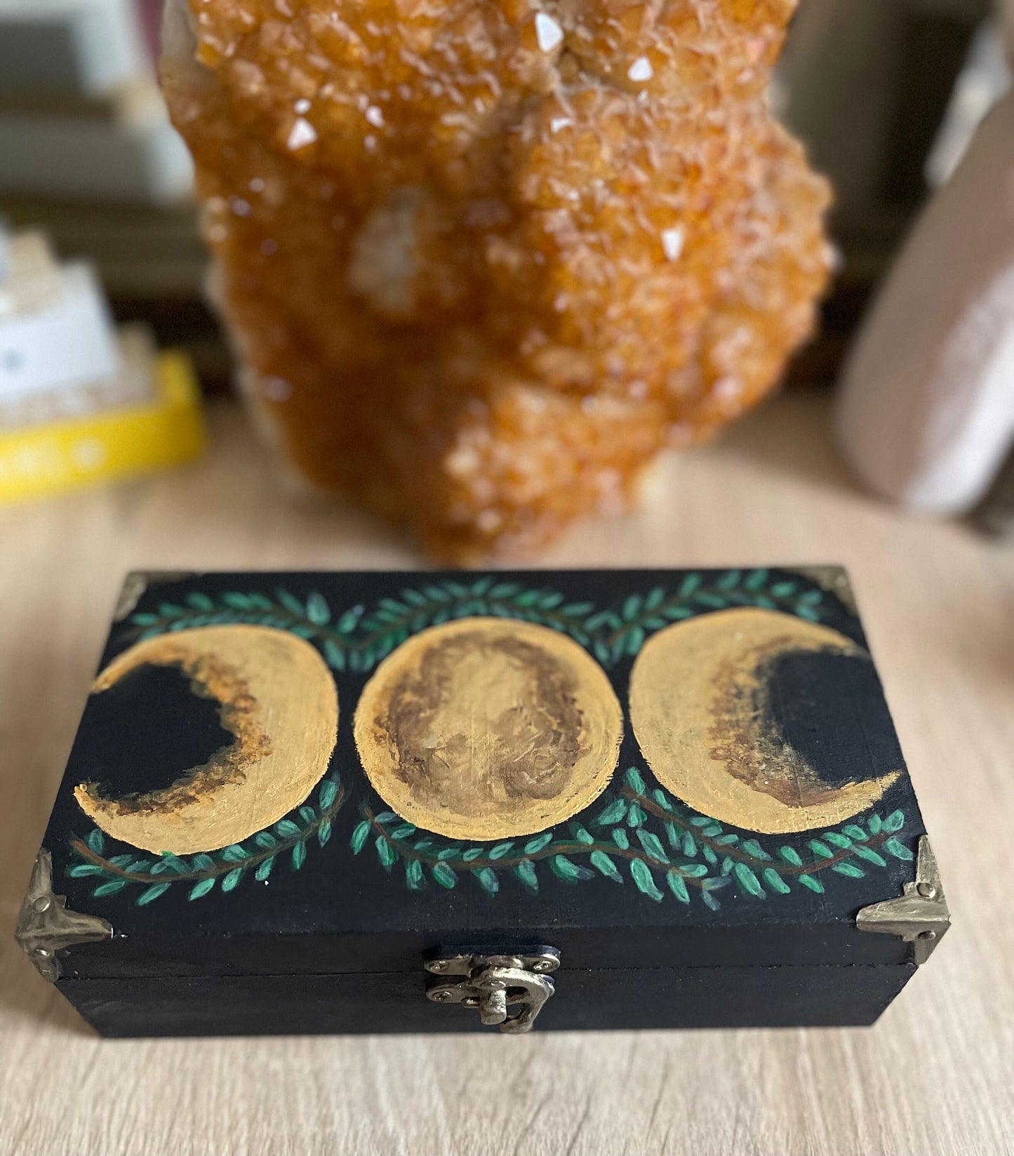 Lammas Tarot/Goddess/Moon Oracle Card Storage Box Gold Triple Moon Manifesting