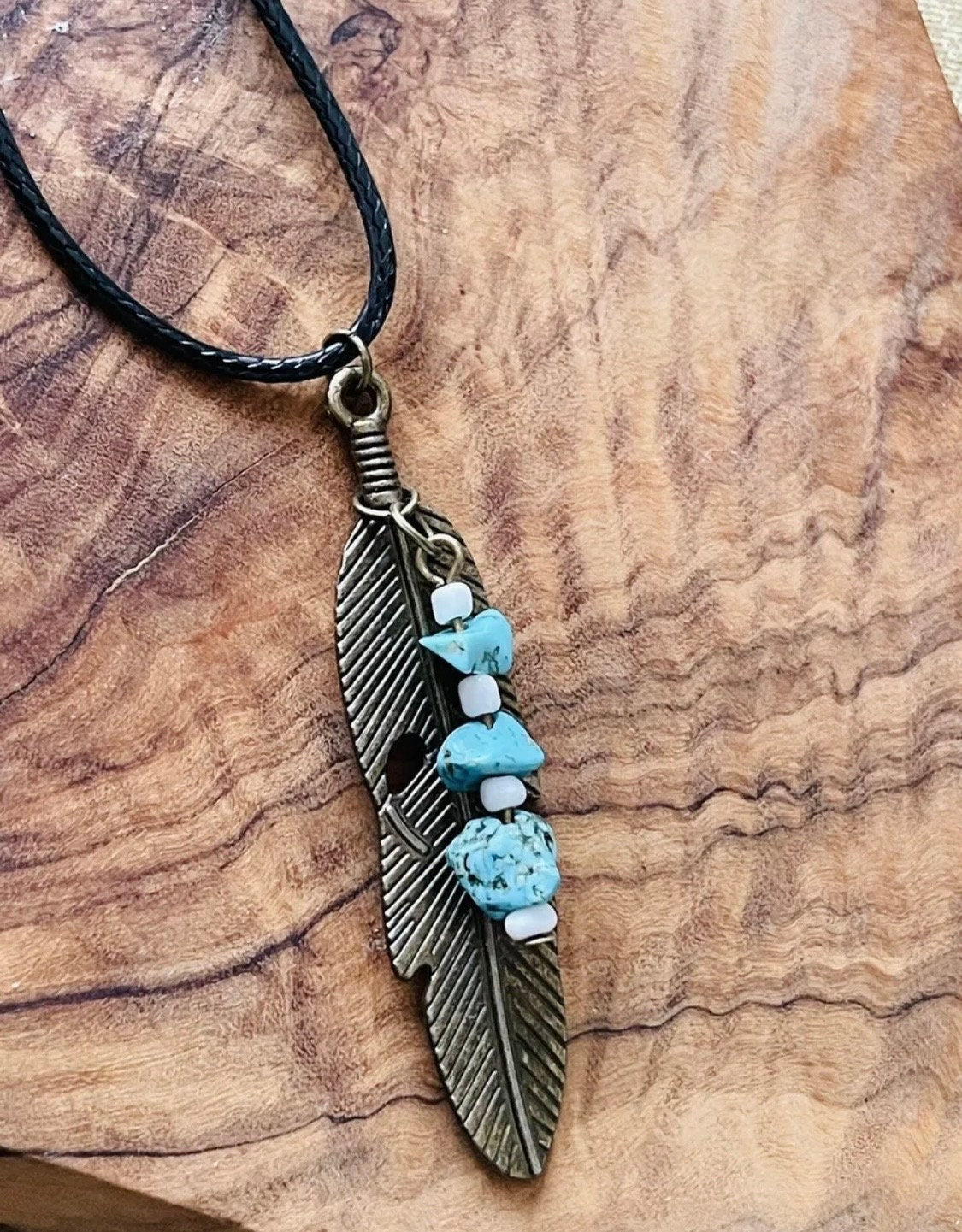 Native American Turquoise Crystal & Feather Pendant Necklace - Spiritual Shaman