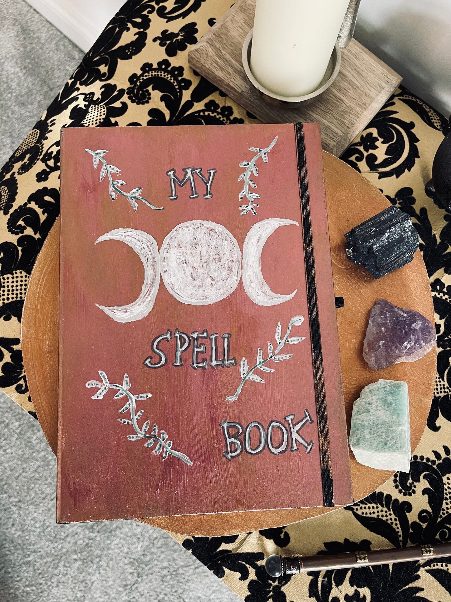 Teen Witch Triple Moon Phases Boho Rustic Hand painted Spell Book -Wicca Pagan Gift