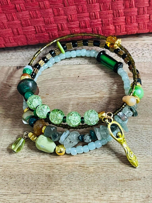 Green Goddess Healing Stone Wrap Bracelets Pagan Wicca Witch Elemental Rituals