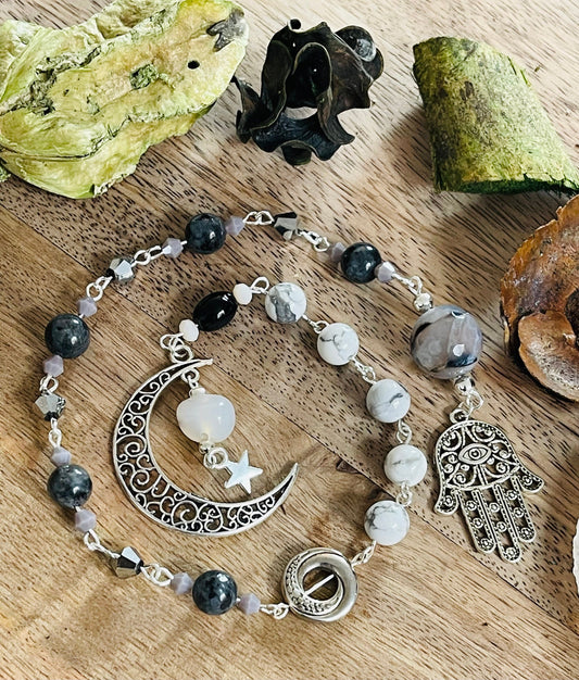 Crone Dark Moon Hecate Hamsa Hand Manifesting Rosary - Black Moonstone and Howlite