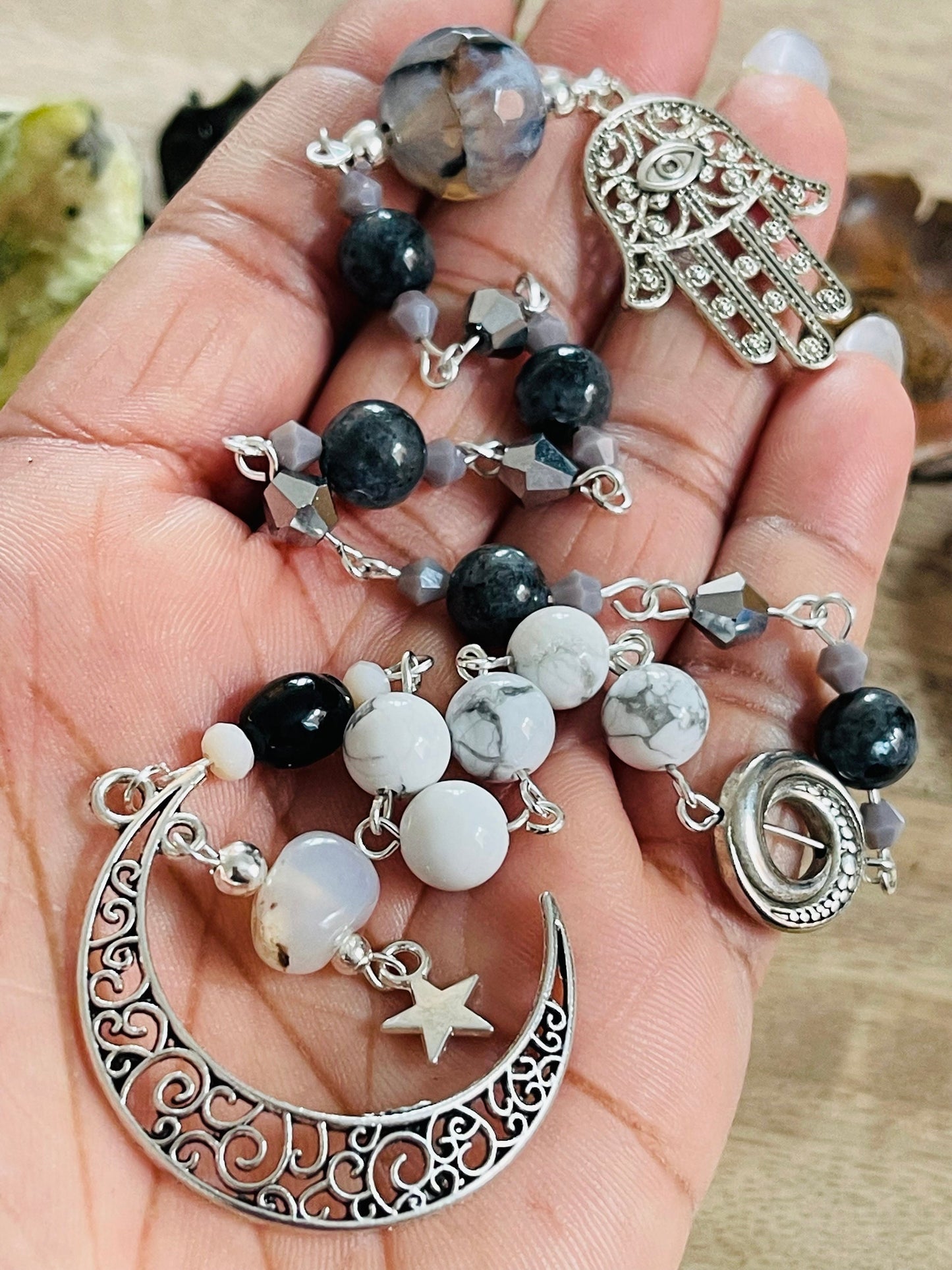 Crone Dark Moon Hecate Hamsa Hand Manifesting Rosary - Black Moonstone and Howlite