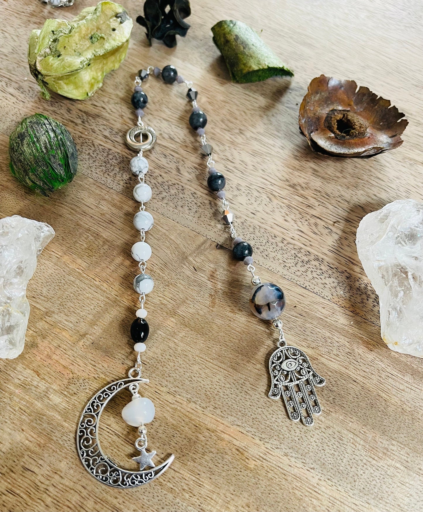 Crone Dark Moon Hecate Hamsa Hand Manifesting Rosary - Black Moonstone and Howlite