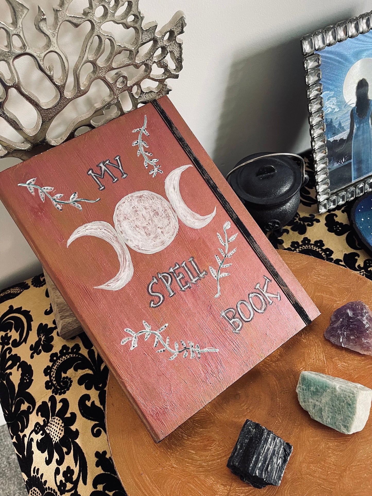 Teen Witch Triple Moon Phases Boho Rustic Hand painted Spell Book -Wicca Pagan Gift