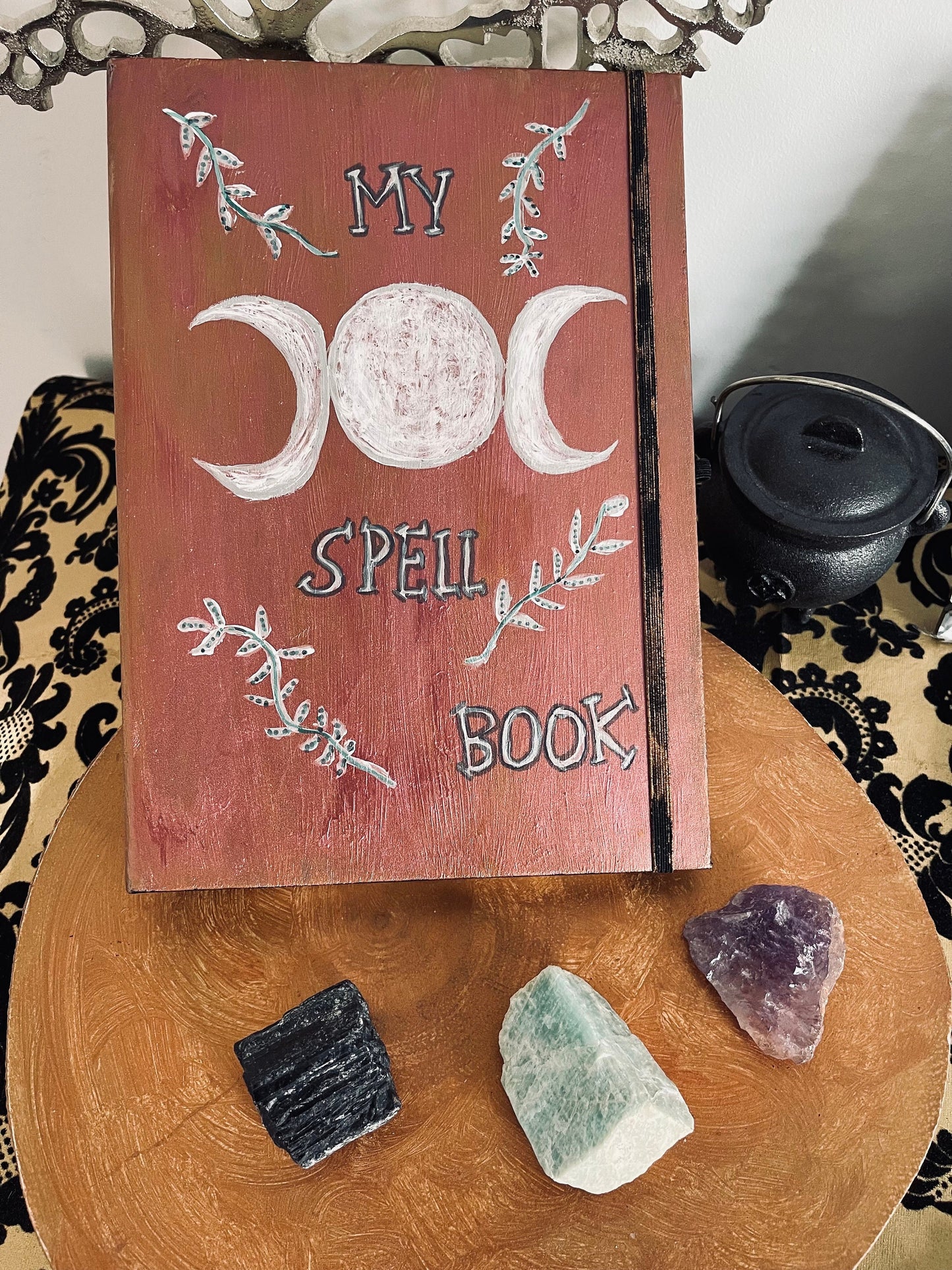 Teen Witch Triple Moon Phases Boho Rustic Hand painted Spell Book -Wicca Pagan Gift