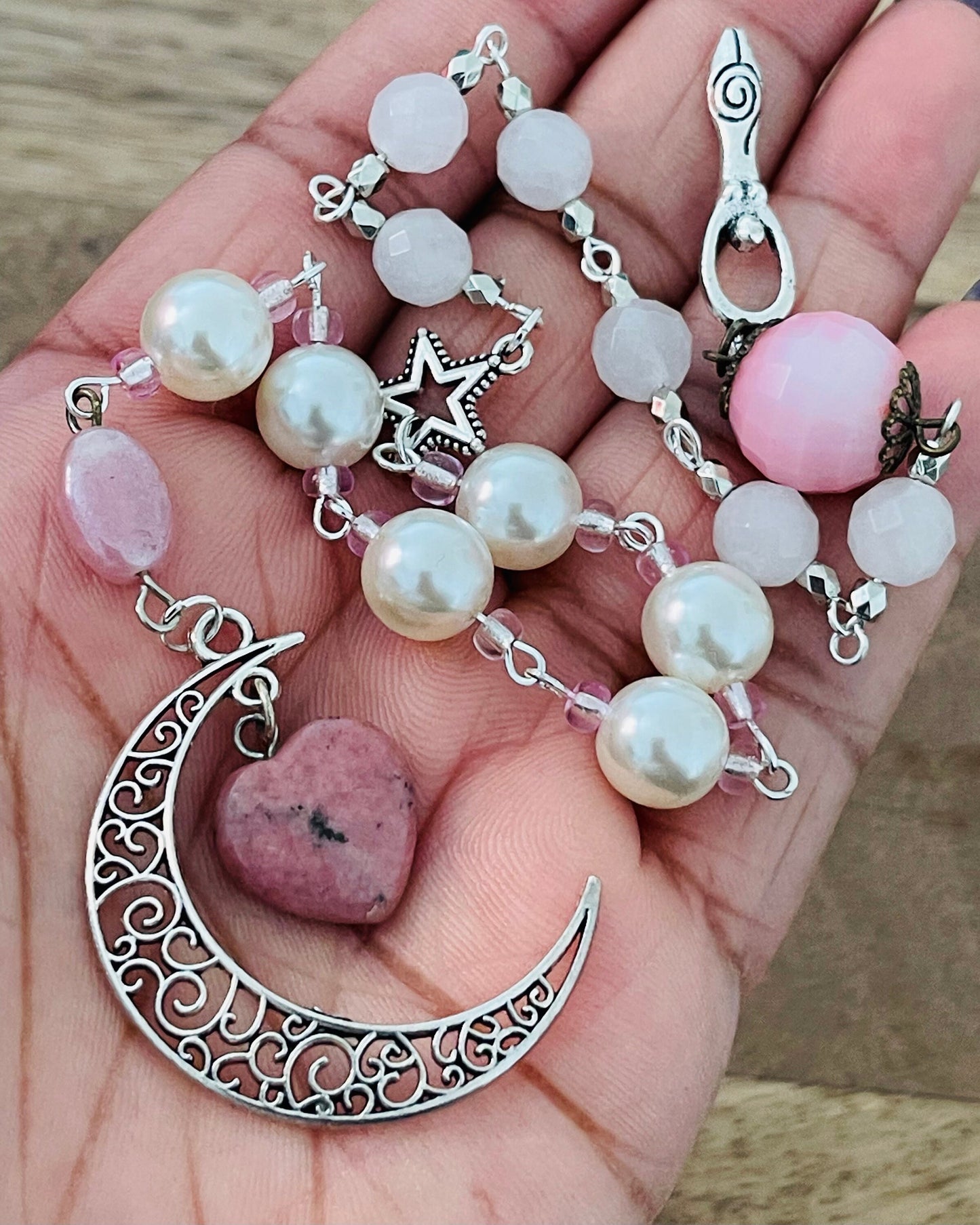 Love Manifestation Pale Pink Jade Stone Moon & Goddess Rosary Wicca Pagan Witch