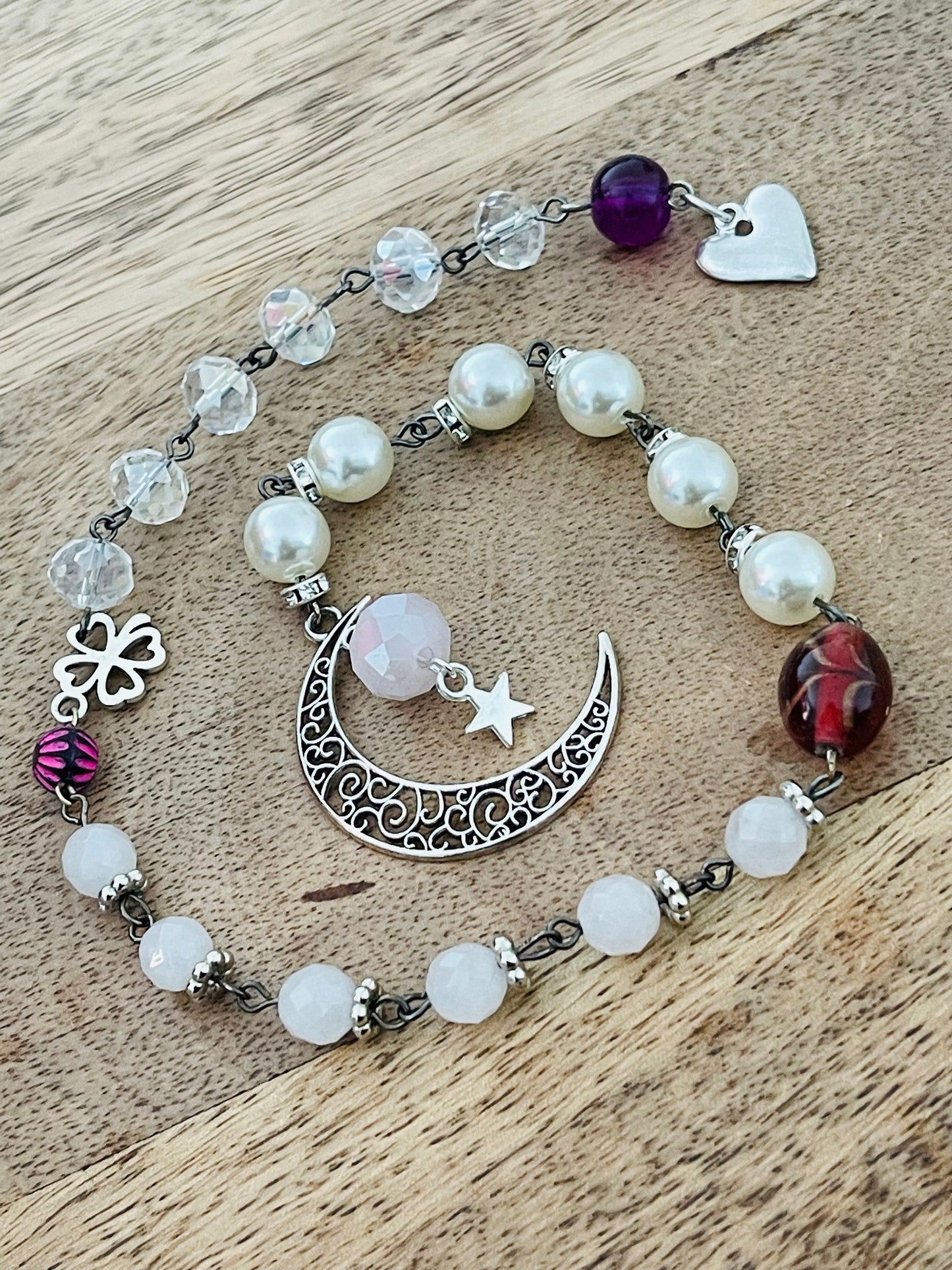 Love Manifestation Pale Pink Jade Stone Moon & Heart Rosary Wicca Pagan Witch