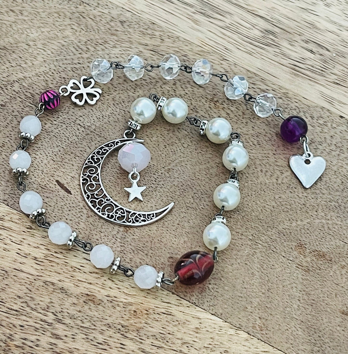 Love Manifestation Pale Pink Jade Stone Moon & Heart Rosary Wicca Pagan Witch