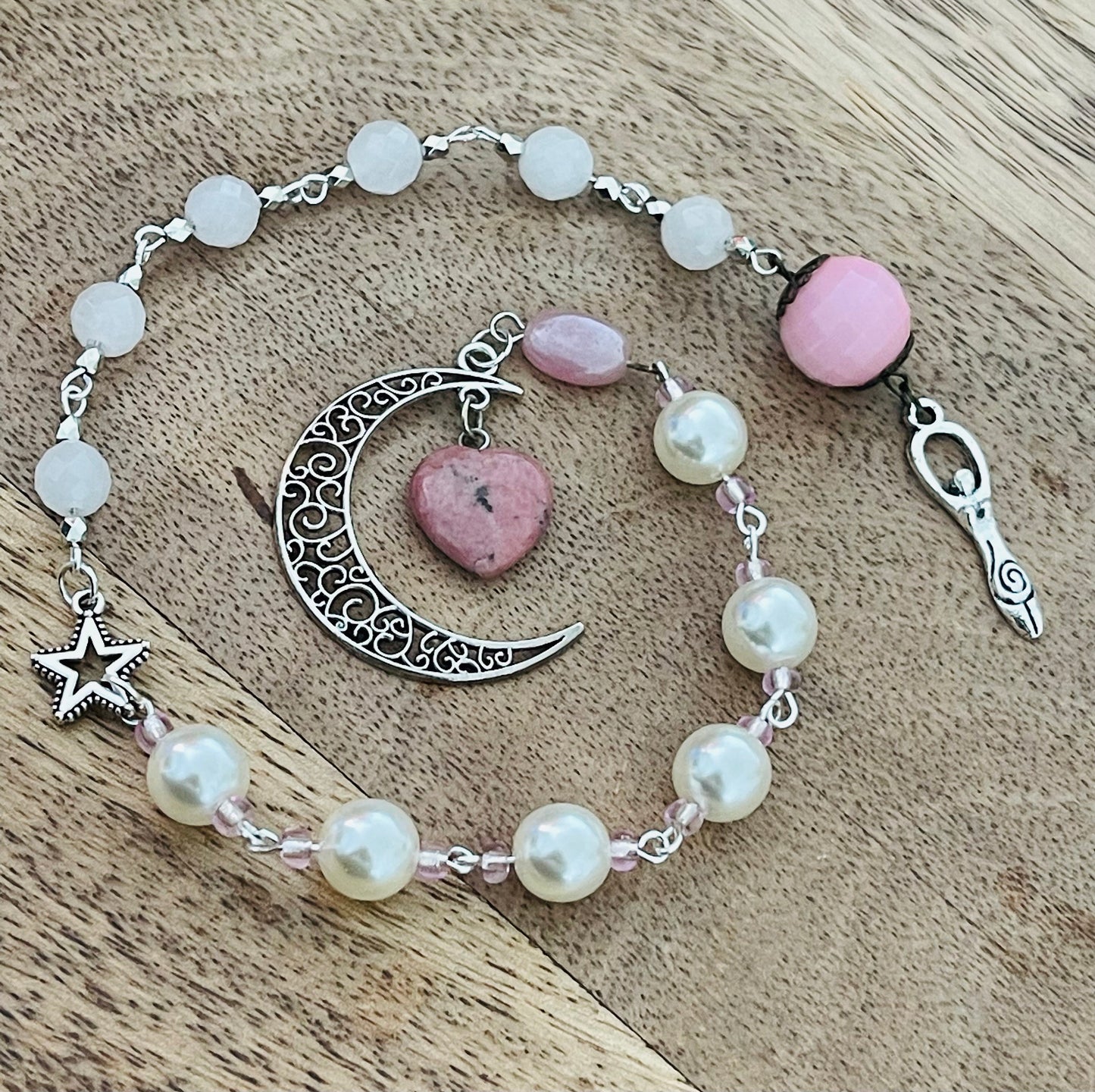 Love Manifestation Pale Pink Jade Stone Moon & Goddess Rosary Wicca Pagan Witch