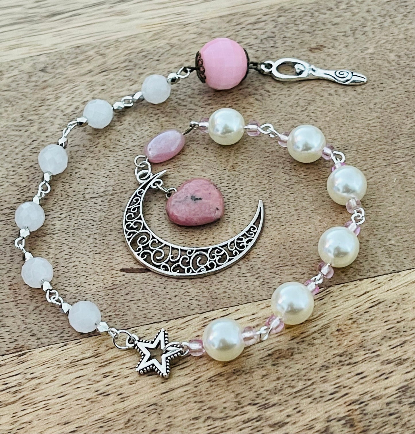 Love Manifestation Pale Pink Jade Stone Moon & Goddess Rosary Wicca Pagan Witch