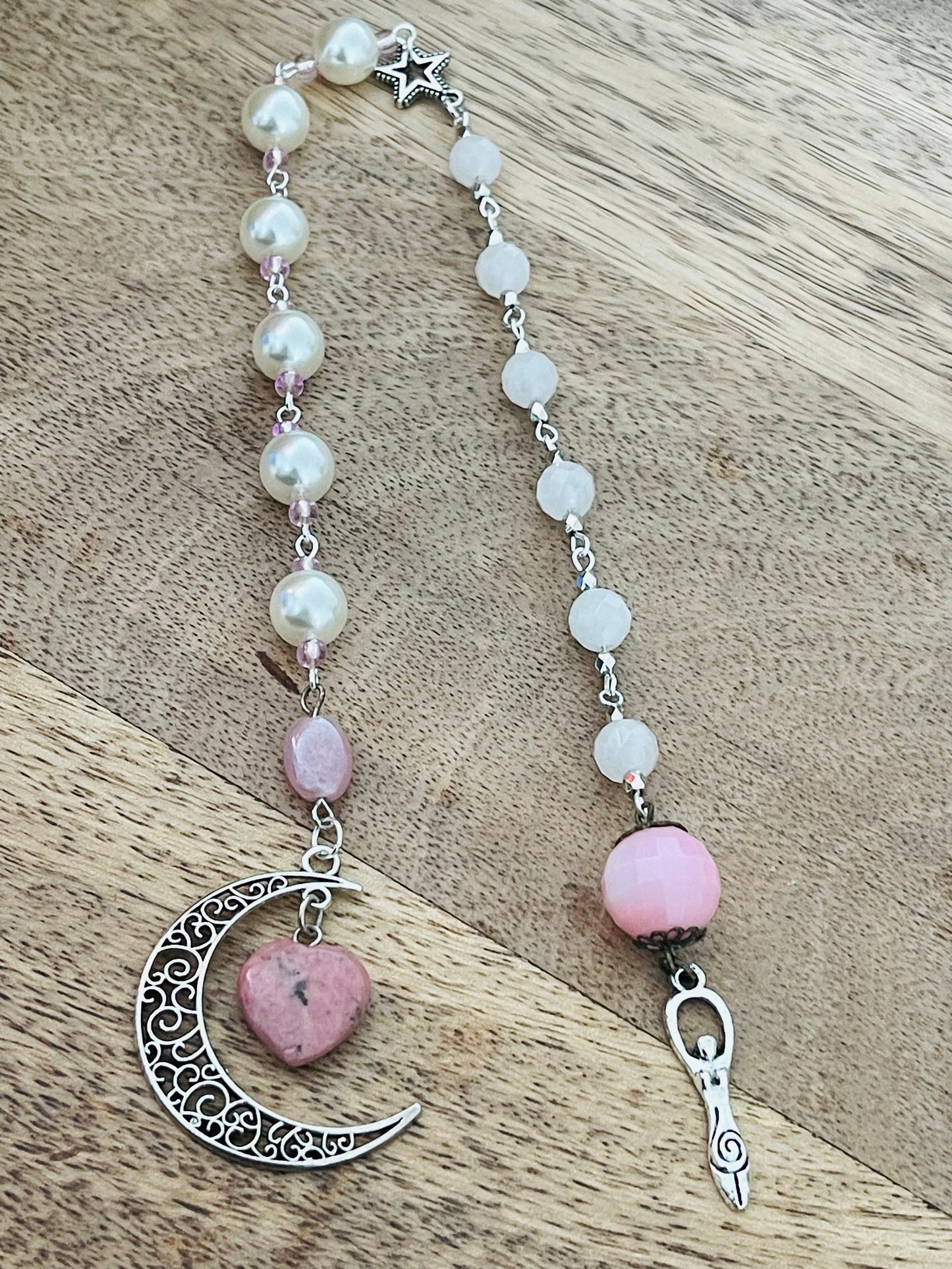 Love Manifestation Pale Pink Jade Stone Moon & Goddess Rosary Wicca Pagan Witch