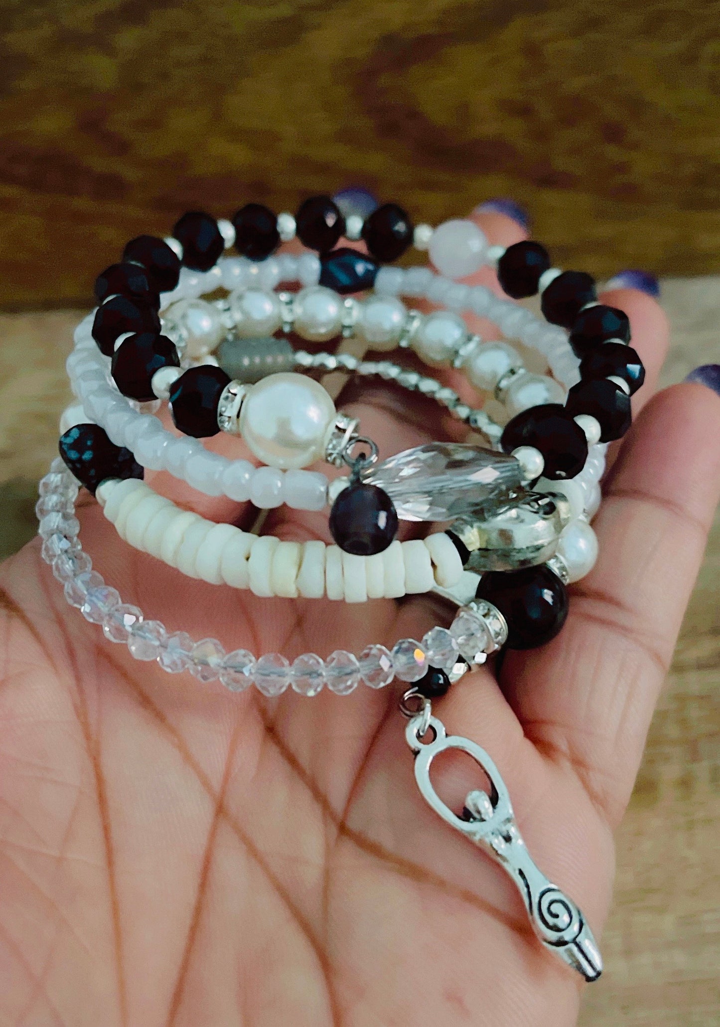 Monochrome Snow Quartz Obsidian Winter Goddess Bracelet Pagan Wicca Witch