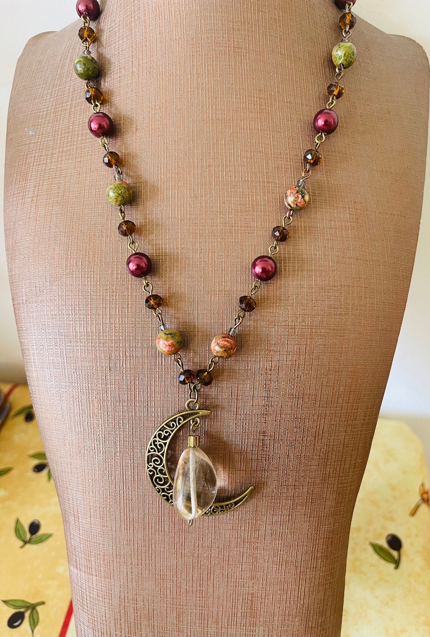 Autumn Witch Boho Moon Unakite Quartz Stone Necklace - Pagan Wicca Lunar Ritual