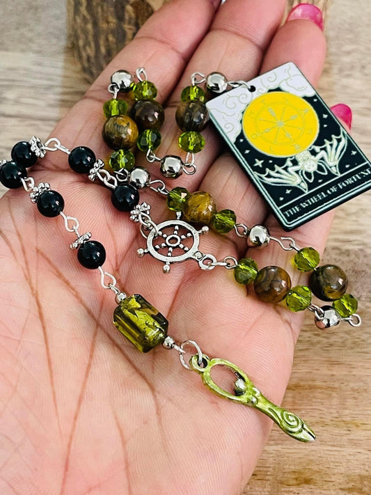 Wheel of Fortune Tarot Card Divination Obsidian Tigers Eye Rosary-Wicca Pagan Prosperity