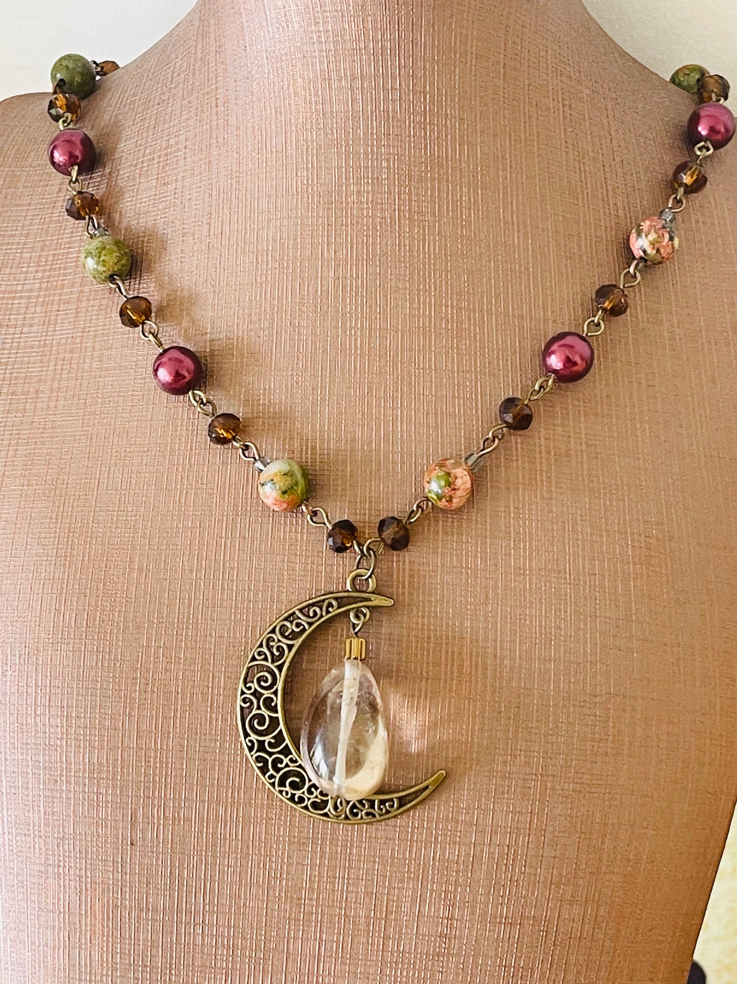 Autumn Witch Boho Moon Unakite Quartz Stone Necklace - Pagan Wicca Lunar Ritual