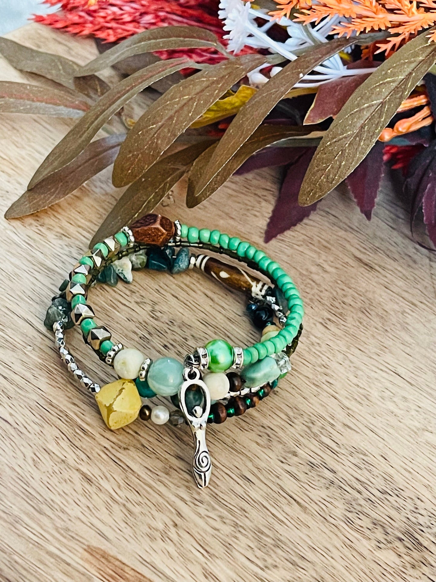 Green Goddess Healing Stone Wrap Bracelets Pagan Wicca Witch Elemental Rituals